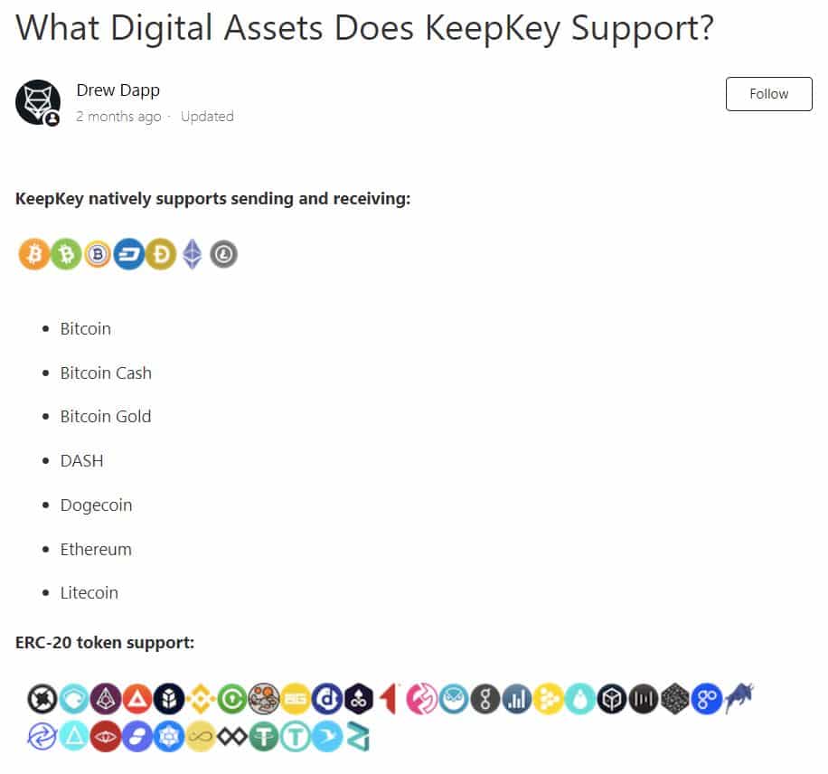 Cryptocurrencies supported by KeepKey