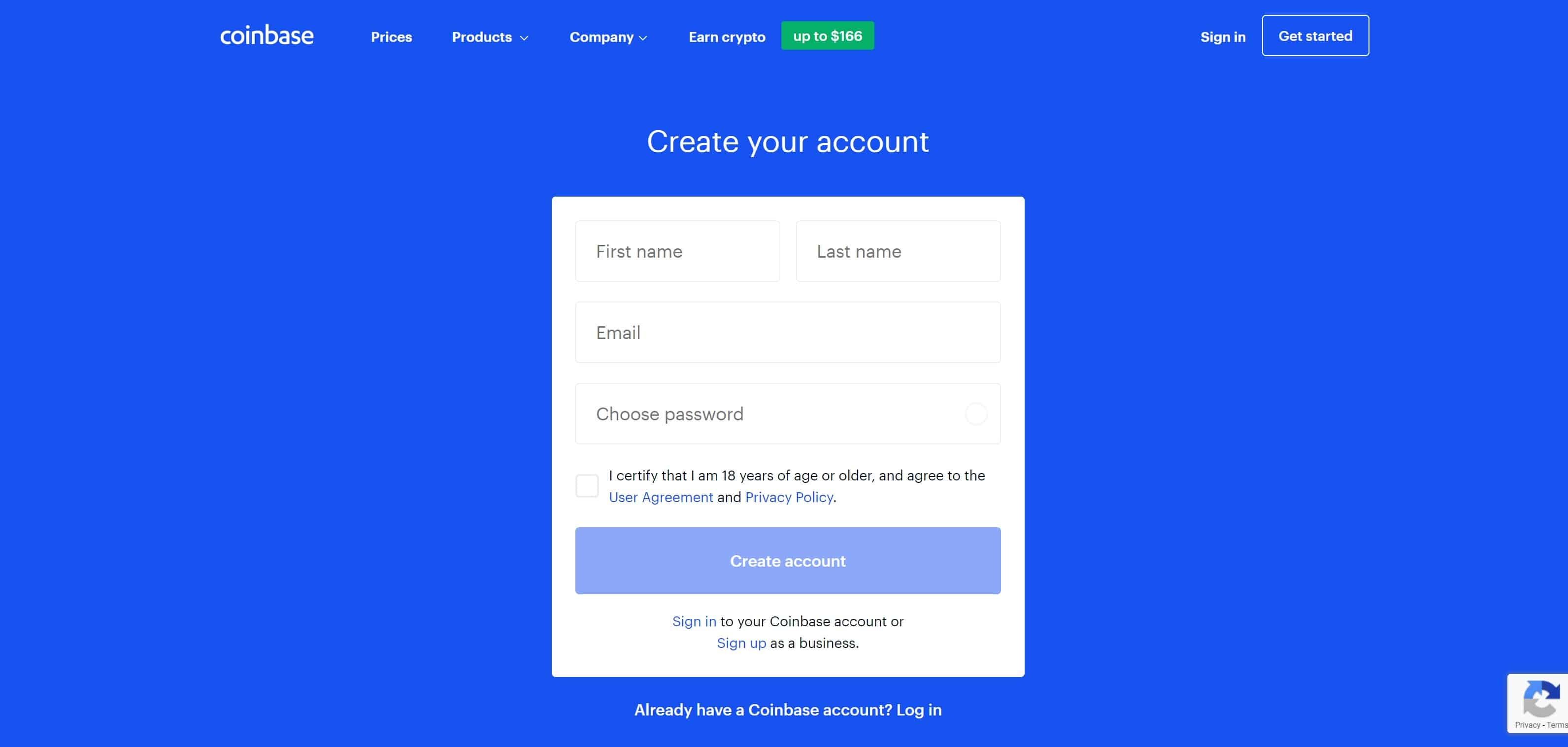 Coinbase Sign up on Website